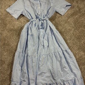 Blue Striped Button-Front Shirt Dress with Waist Tie